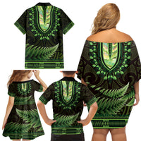Lime Green African Dashiki With Aotearoa Maori Family Matching Off Shoulder Short Dress and Hawaiian Shirt Paua Shell Mix Silver Fern