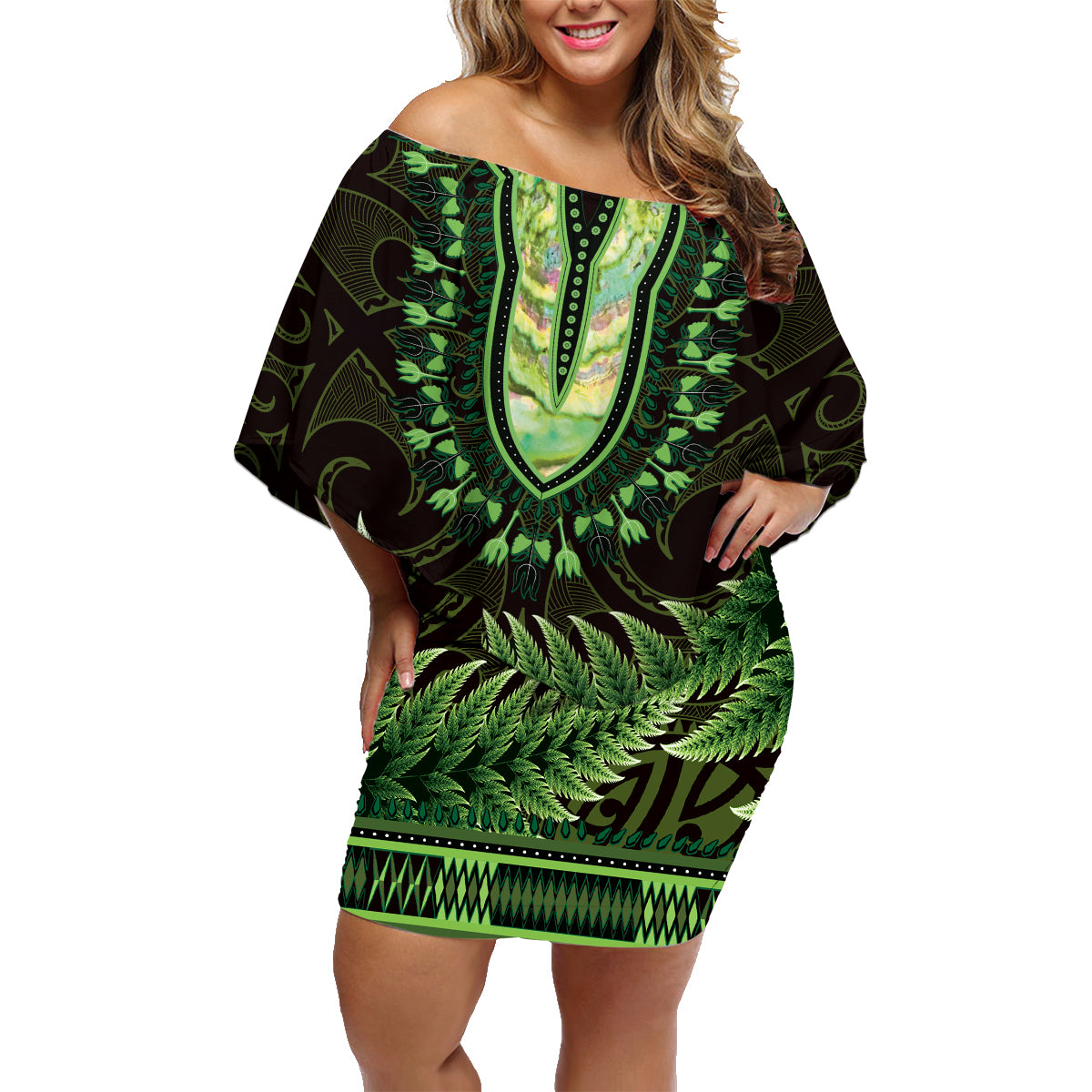Lime Green African Dashiki With Aotearoa Maori Family Matching Off Shoulder Short Dress and Hawaiian Shirt Paua Shell Mix Silver Fern