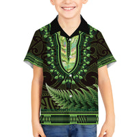 Lime Green African Dashiki With Aotearoa Maori Family Matching Off Shoulder Short Dress and Hawaiian Shirt Paua Shell Mix Silver Fern
