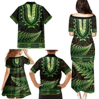 Lime Green African Dashiki With Aotearoa Maori Family Matching Puletasi and Hawaiian Shirt Paua Shell Mix Silver Fern
