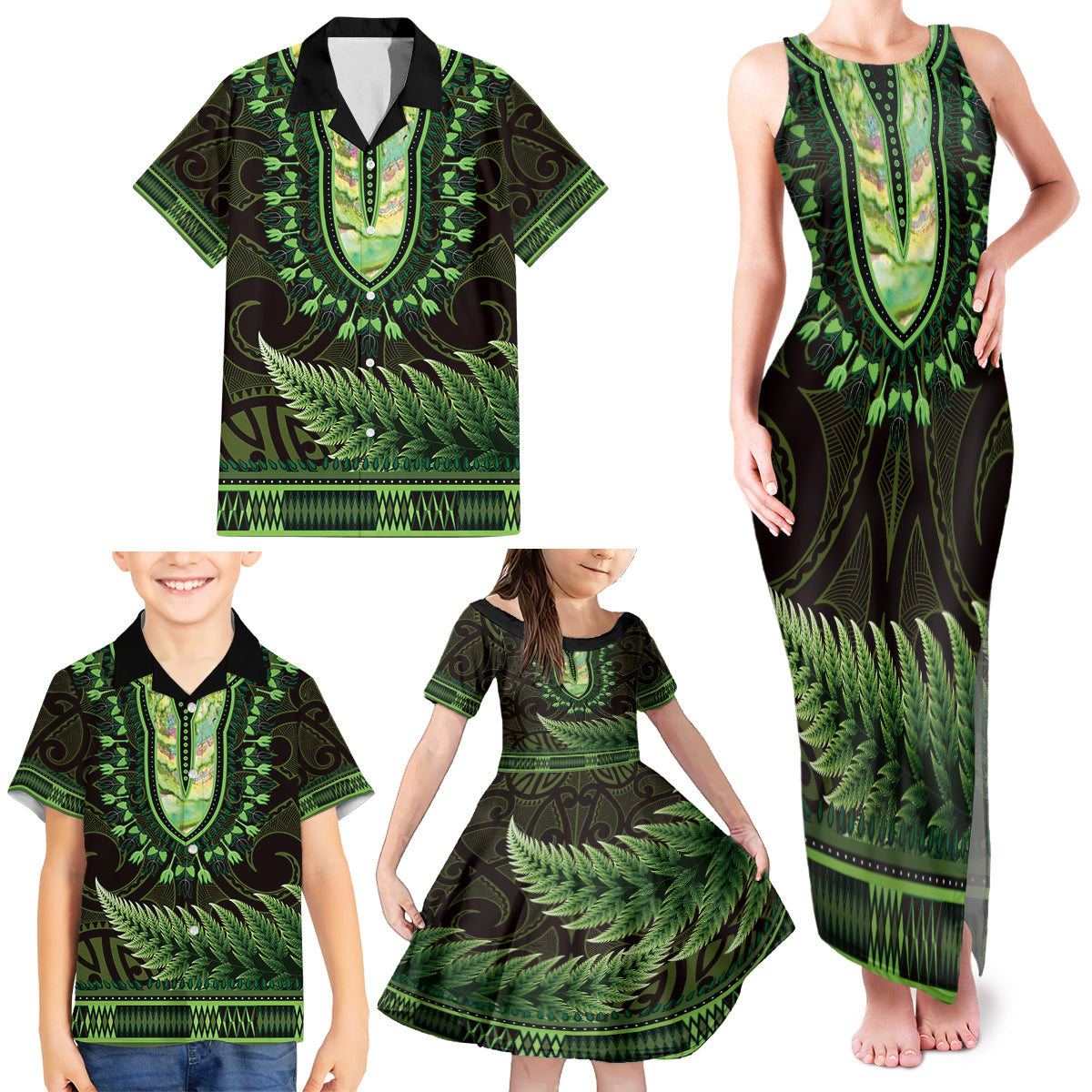 Lime Green African Dashiki With Aotearoa Maori Family Matching Tank Maxi Dress and Hawaiian Shirt Paua Shell Mix Silver Fern LT14 - Polynesian Pride