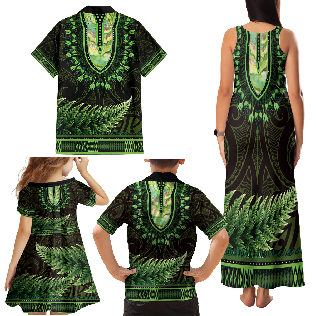 Lime Green African Dashiki With Aotearoa Maori Family Matching Tank Maxi Dress and Hawaiian Shirt Paua Shell Mix Silver Fern LT14 - Polynesian Pride