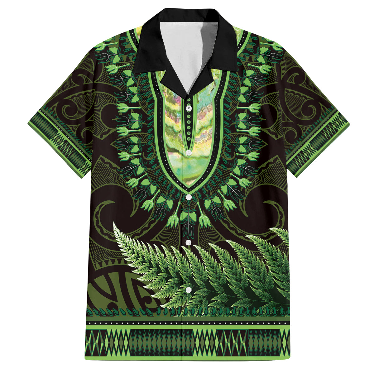 Lime Green African Dashiki With Aotearoa Maori Family Matching Tank Maxi Dress and Hawaiian Shirt Paua Shell Mix Silver Fern LT14 Dad's Shirt - Short Sleeve Lime Green - Polynesian Pride