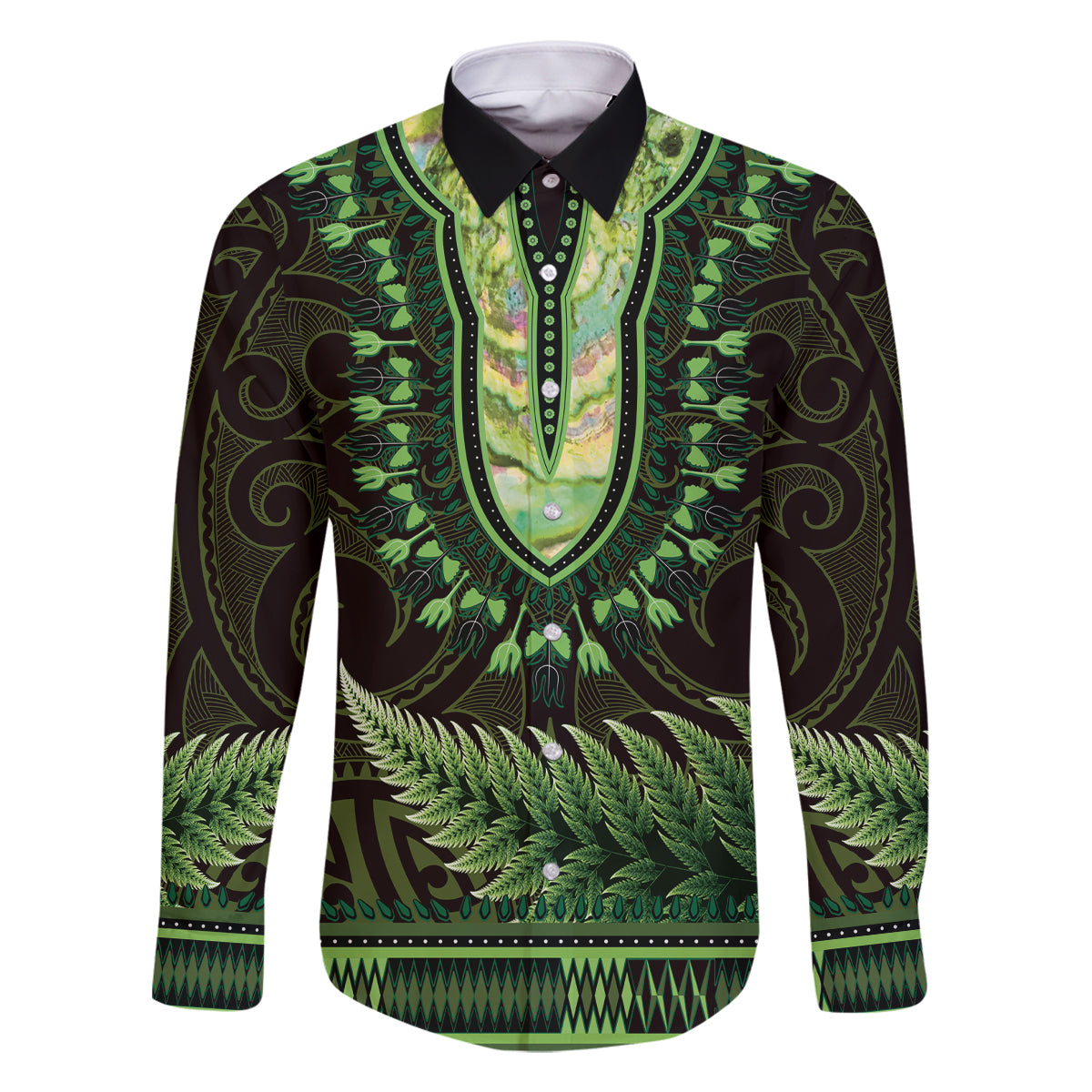 Lime Green African Dashiki With Aotearoa Maori Family Matching Tank Maxi Dress and Hawaiian Shirt Paua Shell Mix Silver Fern LT14 Dad's Shirt - Long Sleeve Lime Green - Polynesian Pride