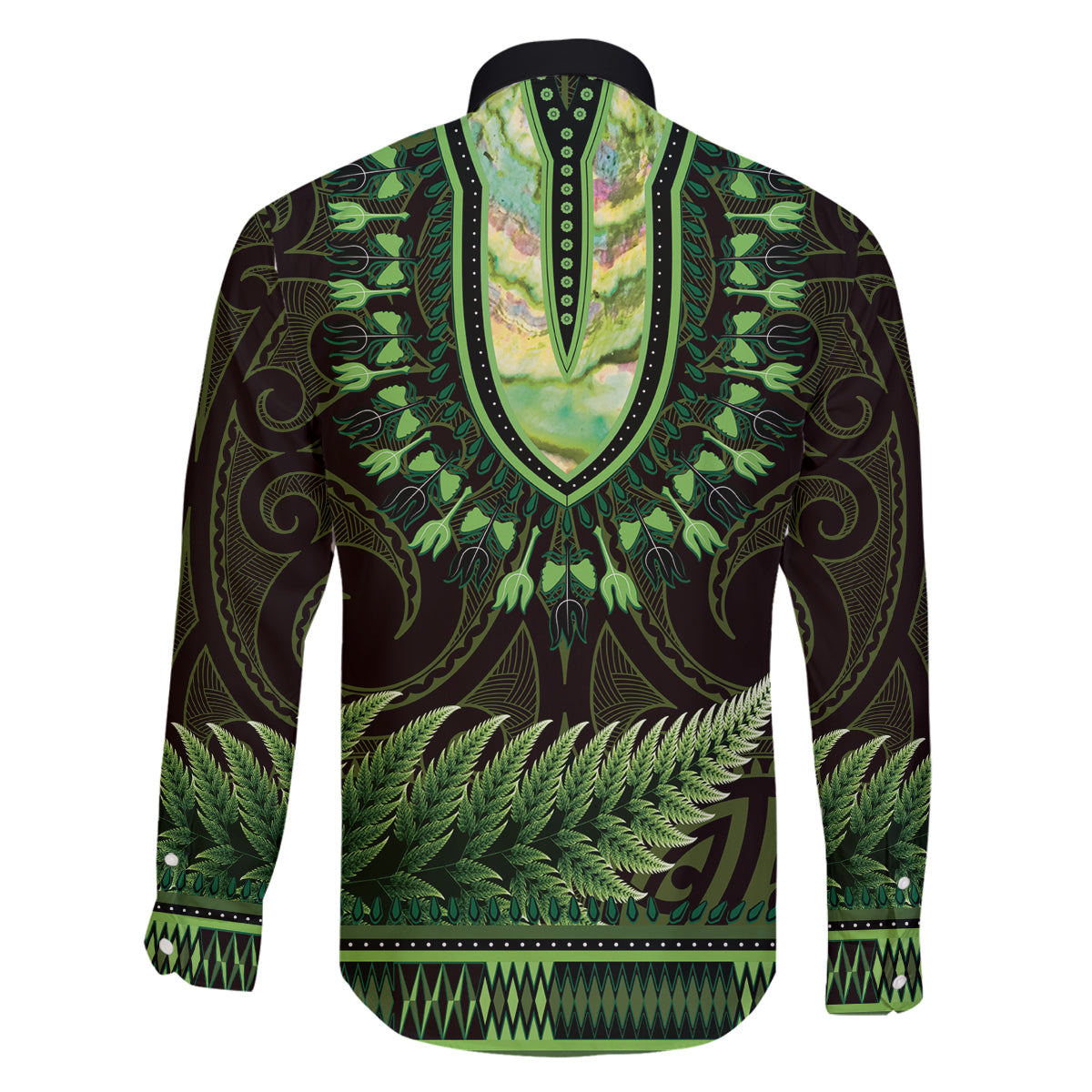 Lime Green African Dashiki With Aotearoa Maori Family Matching Tank Maxi Dress and Hawaiian Shirt Paua Shell Mix Silver Fern LT14 - Polynesian Pride