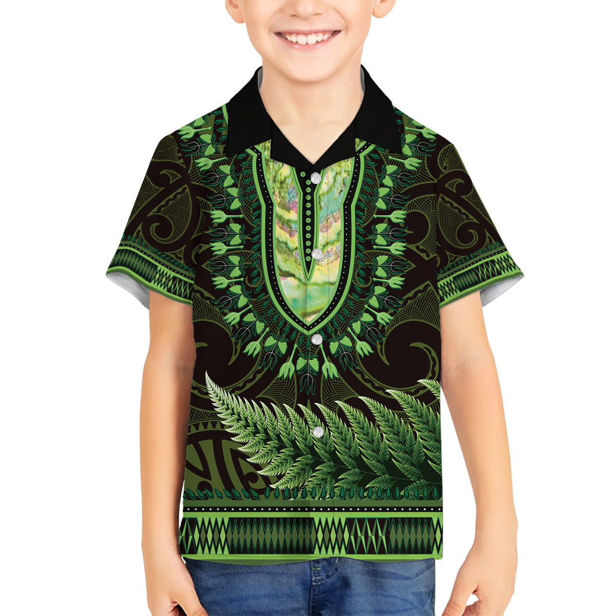 Lime Green African Dashiki With Aotearoa Maori Family Matching Tank Maxi Dress and Hawaiian Shirt Paua Shell Mix Silver Fern LT14 Son's Shirt Lime Green - Polynesian Pride
