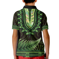 Lime Green African Dashiki With Aotearoa Maori Kid Polo Shirt Paua Shell Mix Silver Fern