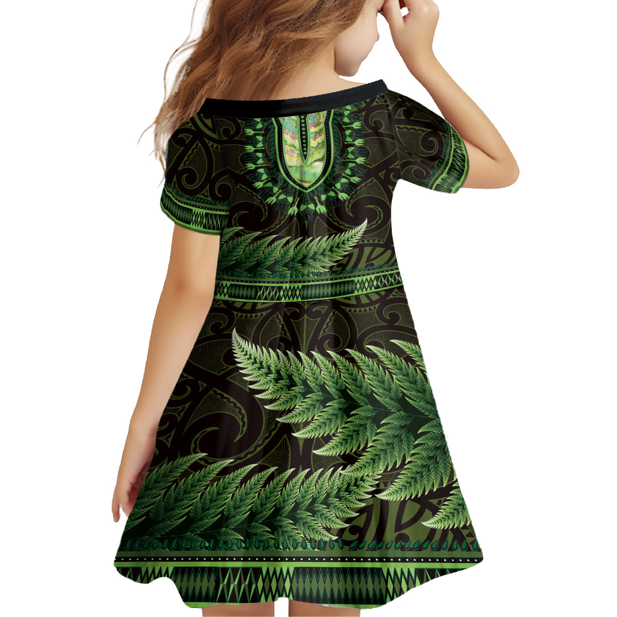 Lime Green African Dashiki With Aotearoa Maori Kid Short Sleeve Dress Paua Shell Mix Silver Fern