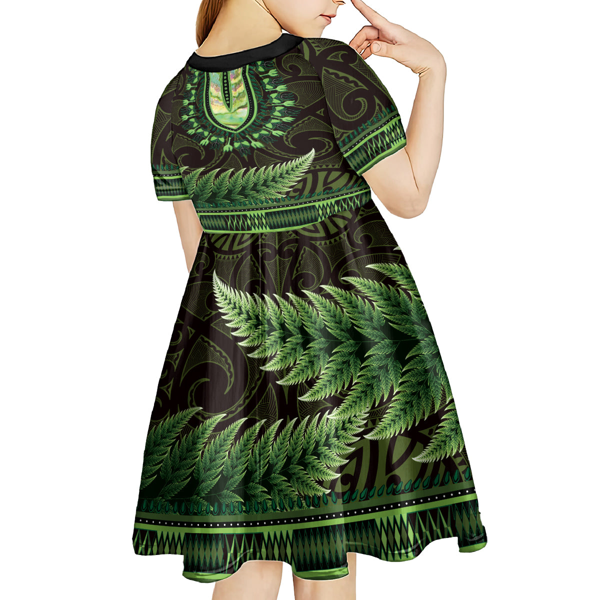 Lime Green African Dashiki With Aotearoa Maori Kid Short Sleeve Dress Paua Shell Mix Silver Fern