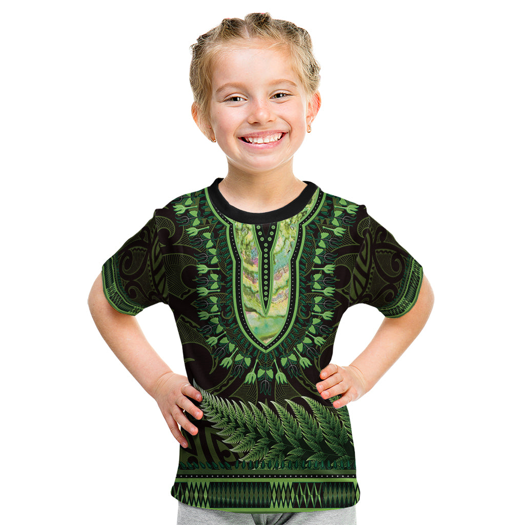 Lime Green African Dashiki With Aotearoa Maori Kid T Shirt Paua Shell Mix Silver Fern