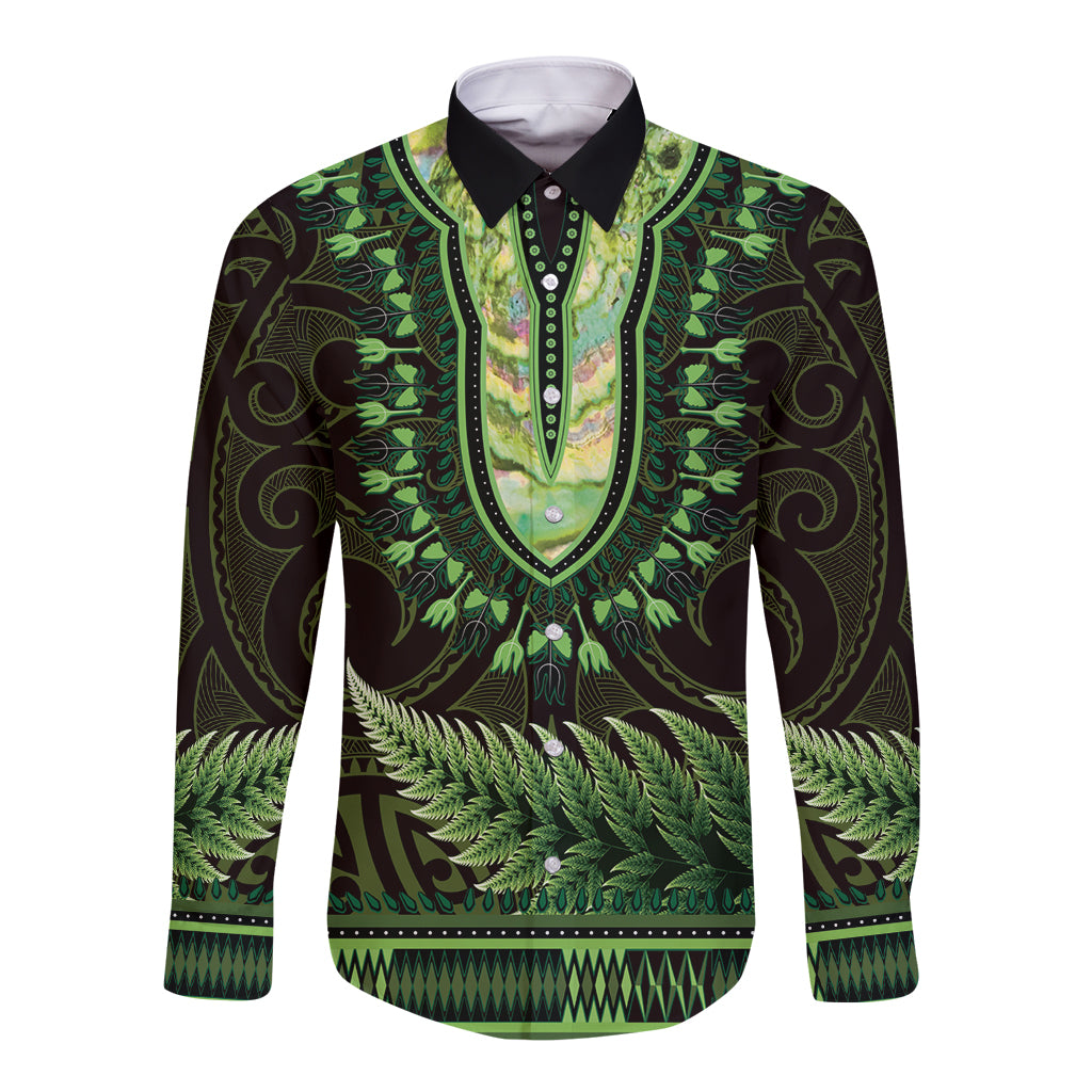 Lime Green African Dashiki With Aotearoa Maori Long Sleeve Button Shirt Paua Shell Mix Silver Fern