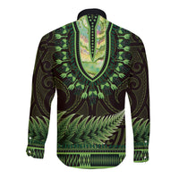 Lime Green African Dashiki With Aotearoa Maori Long Sleeve Button Shirt Paua Shell Mix Silver Fern