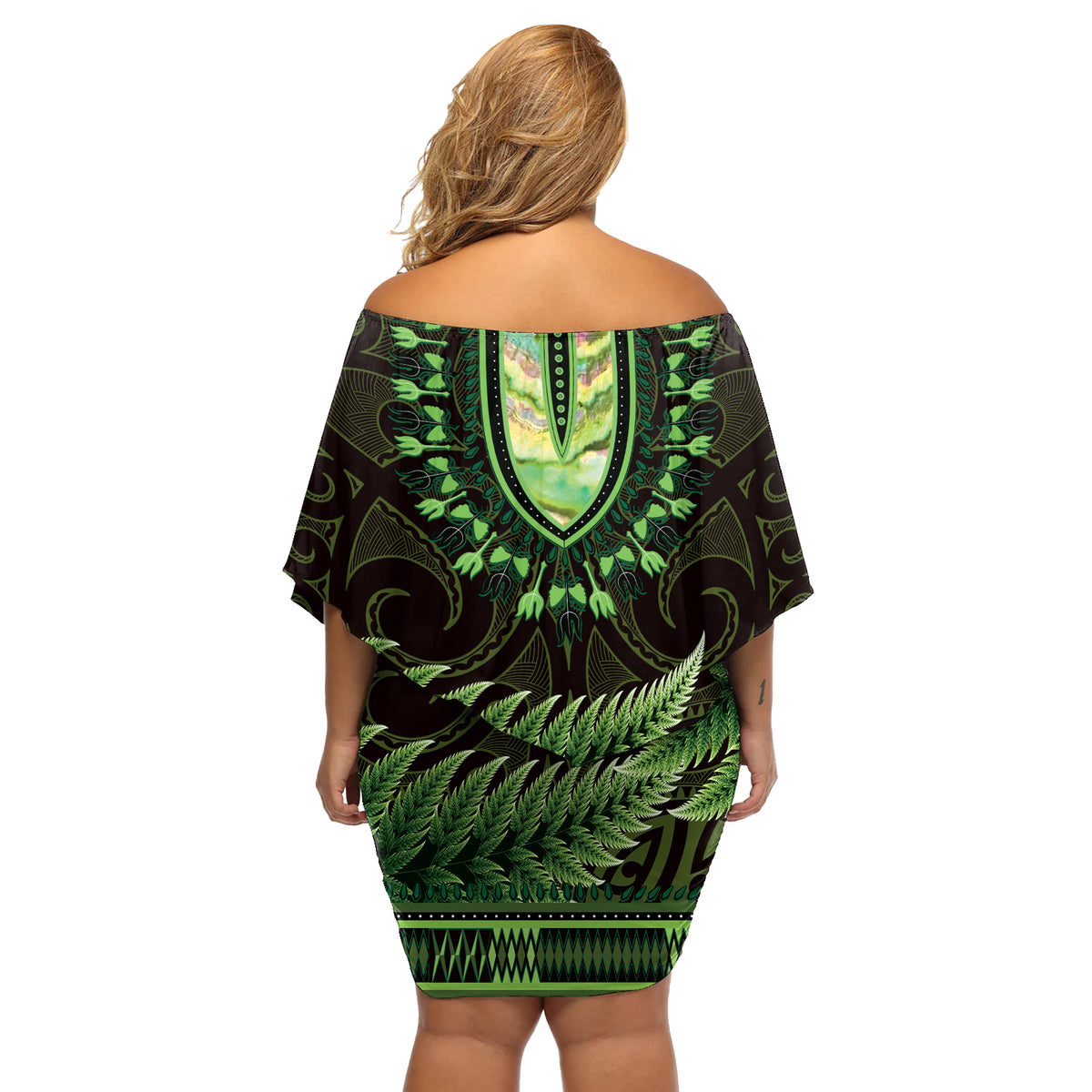 Lime Green African Dashiki With Aotearoa Maori Off Shoulder Short Dress Paua Shell Mix Silver Fern