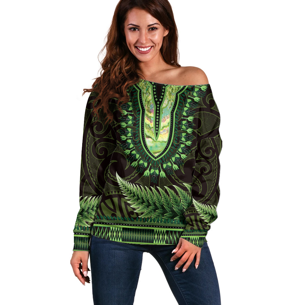 Lime Green African Dashiki With Aotearoa Maori Off Shoulder Sweater Paua Shell Mix Silver Fern
