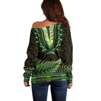 Lime Green African Dashiki With Aotearoa Maori Off Shoulder Sweater Paua Shell Mix Silver Fern