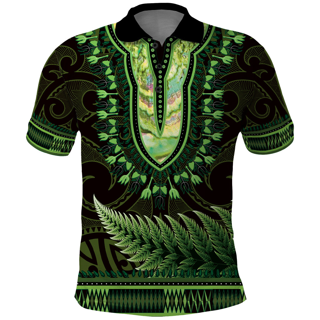 Lime Green African Dashiki With Aotearoa Maori Polo Shirt Paua Shell Mix Silver Fern