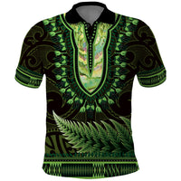 Lime Green African Dashiki With Aotearoa Maori Polo Shirt Paua Shell Mix Silver Fern