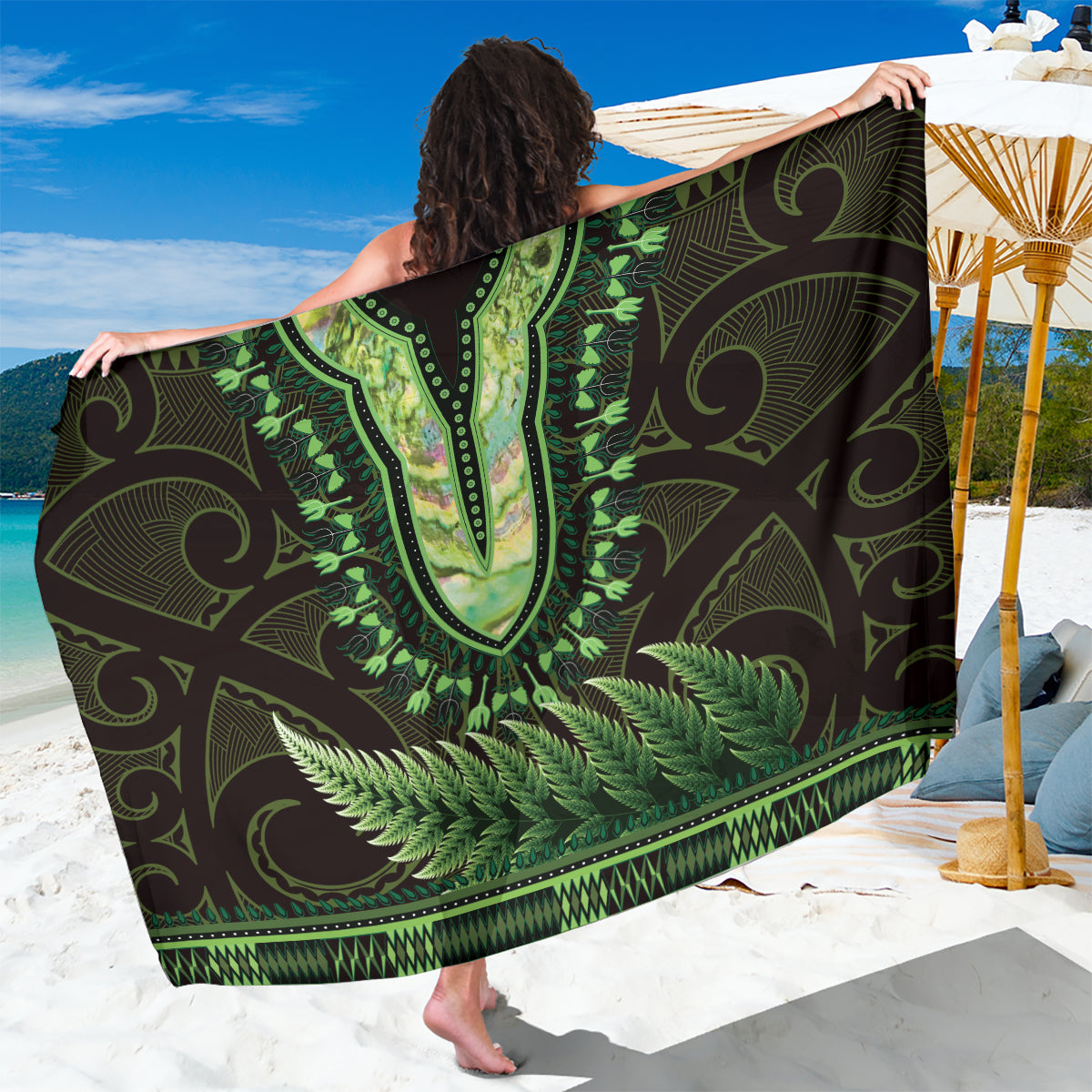 Lime Green African Dashiki With Aotearoa Maori Sarong Paua Shell Mix Silver Fern