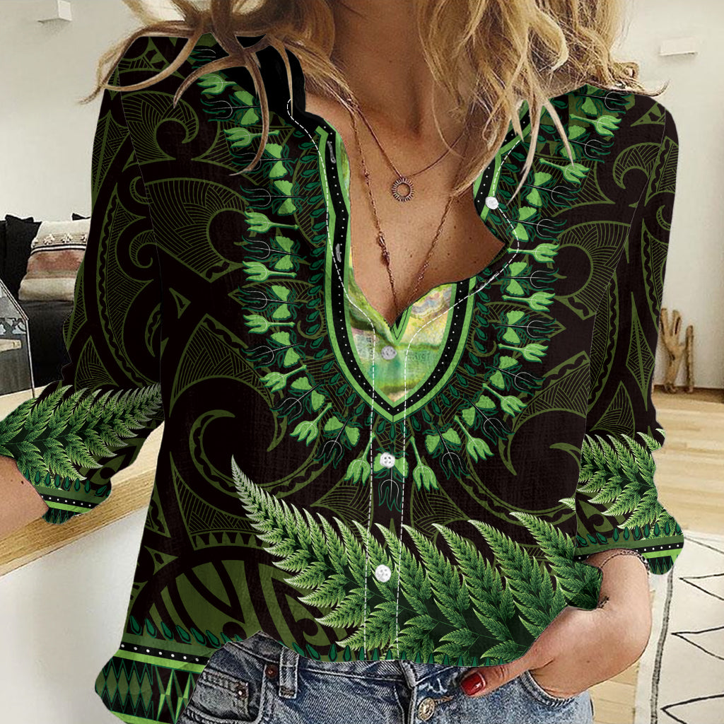 Lime Green African Dashiki With Aotearoa Maori Women Casual Shirt Paua Shell Mix Silver Fern