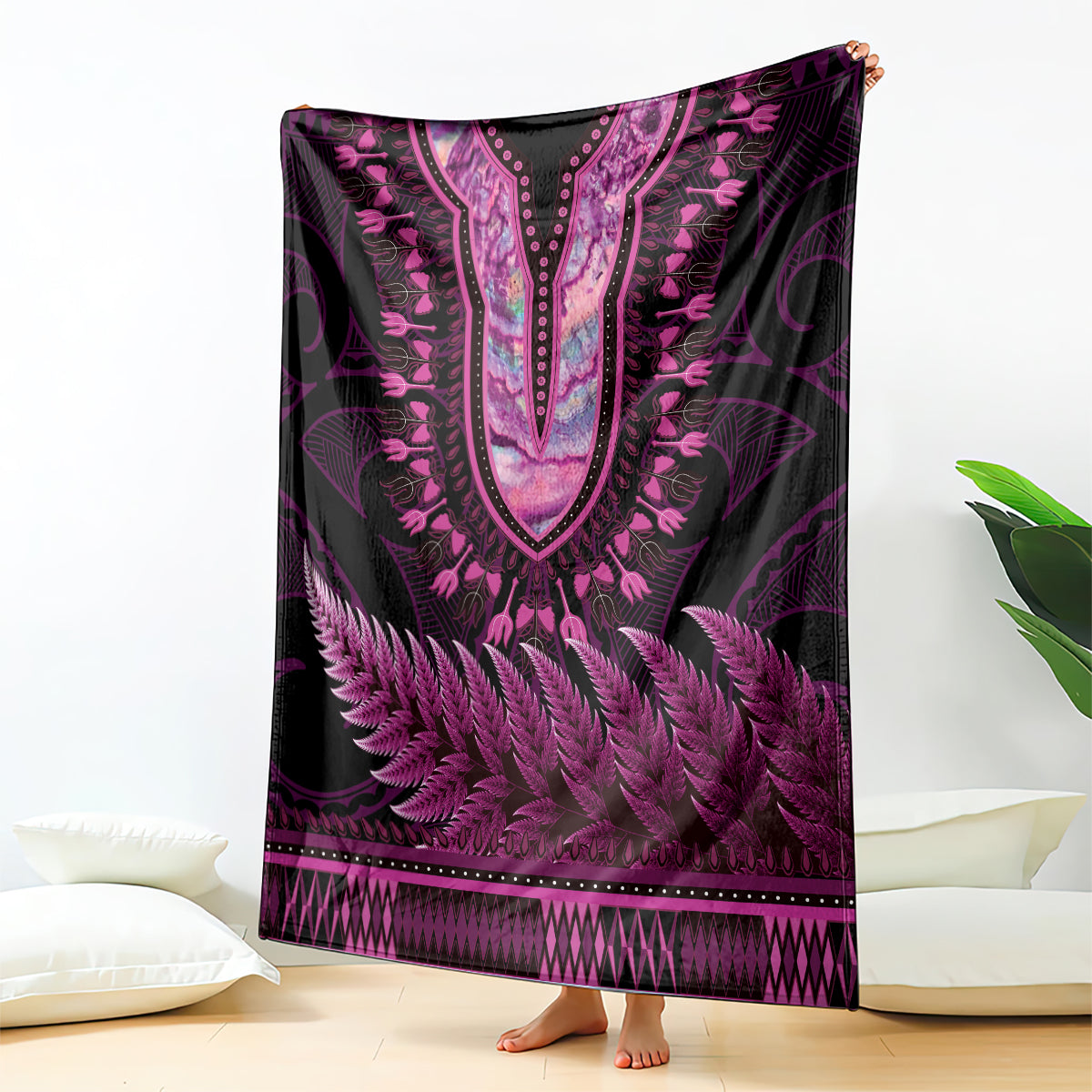 Pink African Dashiki With Aotearoa Maori Blanket Paua Shell Mix Silver Fern