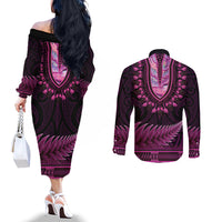 Pink African Dashiki With Aotearoa Maori Couples Matching Off The Shoulder Long Sleeve Dress and Long Sleeve Button Shirt Paua Shell Mix Silver Fern
