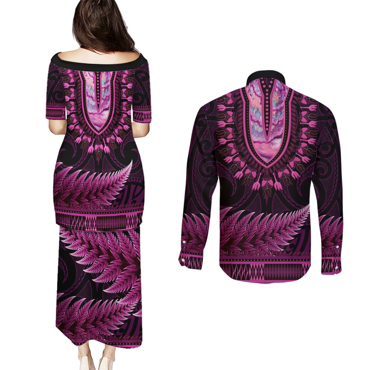 Pink African Dashiki With Aotearoa Maori Couples Matching Puletasi and Long Sleeve Button Shirt Paua Shell Mix Silver Fern