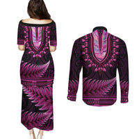 Pink African Dashiki With Aotearoa Maori Couples Matching Puletasi and Long Sleeve Button Shirt Paua Shell Mix Silver Fern