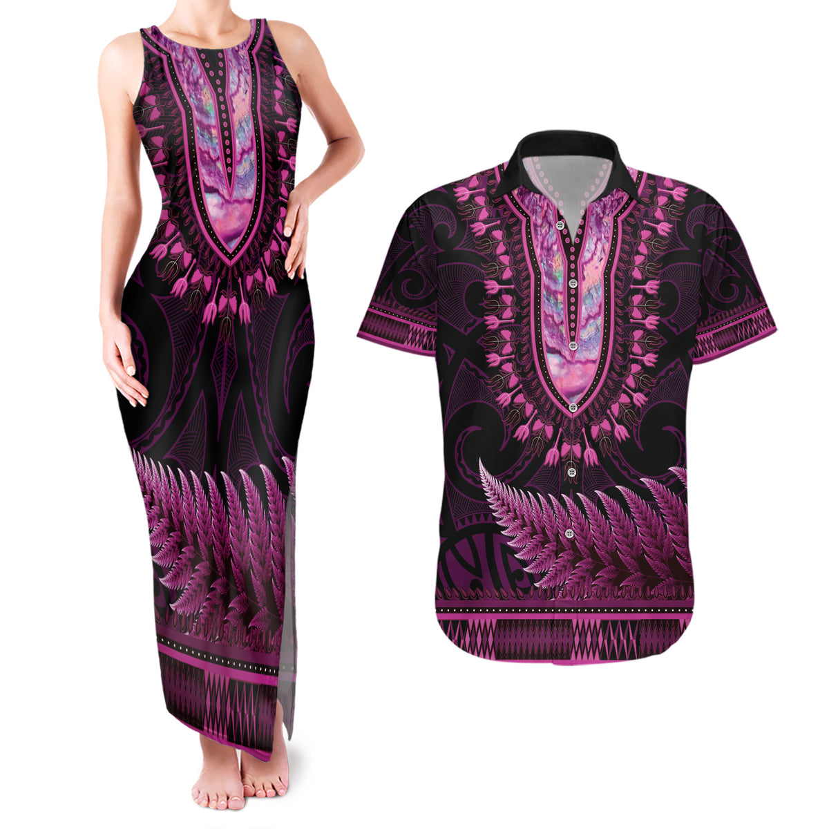 Pink African Dashiki With Aotearoa Maori Couples Matching Tank Maxi Dress and Hawaiian Shirt Paua Shell Mix Silver Fern