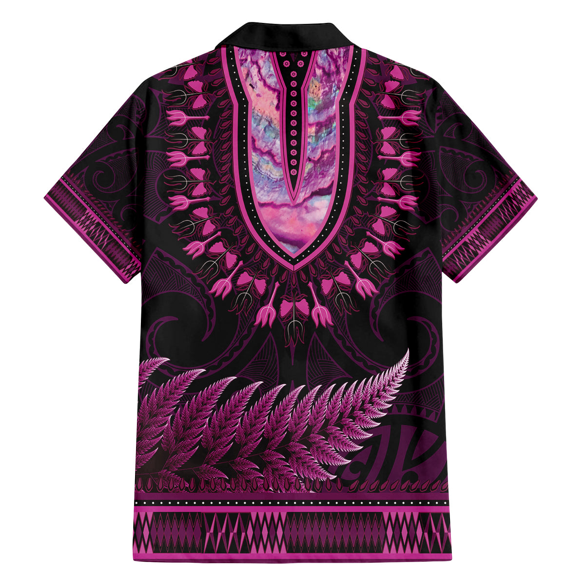 Pink African Dashiki With Aotearoa Maori Family Matching Off The Shoulder Long Sleeve Dress and Hawaiian Shirt Paua Shell Mix Silver Fern