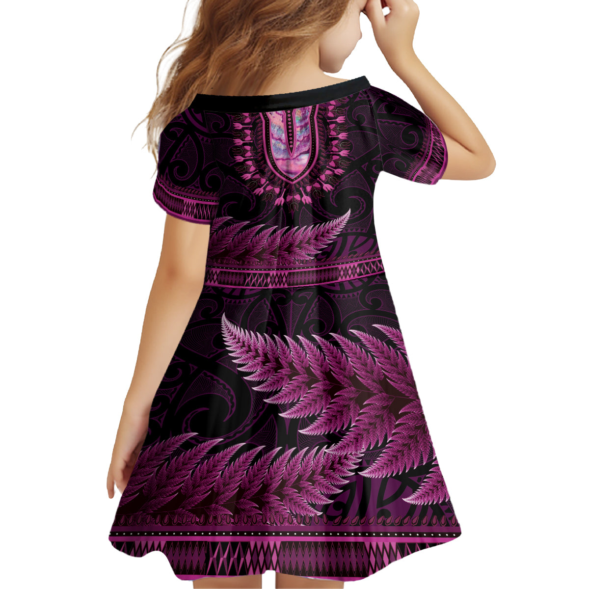 Pink African Dashiki With Aotearoa Maori Family Matching Off Shoulder Maxi Dress and Hawaiian Shirt Paua Shell Mix Silver Fern LT14 - Polynesian Pride