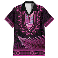 Pink African Dashiki With Aotearoa Maori Family Matching Off Shoulder Maxi Dress and Hawaiian Shirt Paua Shell Mix Silver Fern LT14 Dad's Shirt - Short Sleeve Pink - Polynesian Pride
