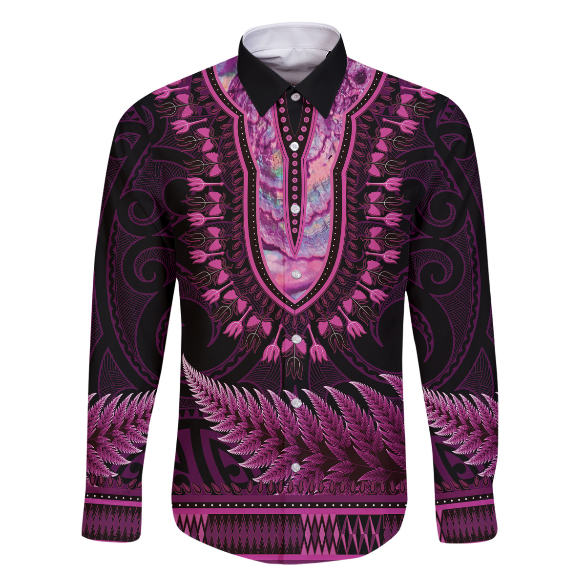 Pink African Dashiki With Aotearoa Maori Family Matching Off Shoulder Maxi Dress and Hawaiian Shirt Paua Shell Mix Silver Fern LT14 Dad's Shirt - Long Sleeve Pink - Polynesian Pride