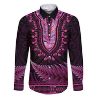 Pink African Dashiki With Aotearoa Maori Family Matching Off Shoulder Maxi Dress and Hawaiian Shirt Paua Shell Mix Silver Fern LT14 Dad's Shirt - Long Sleeve Pink - Polynesian Pride