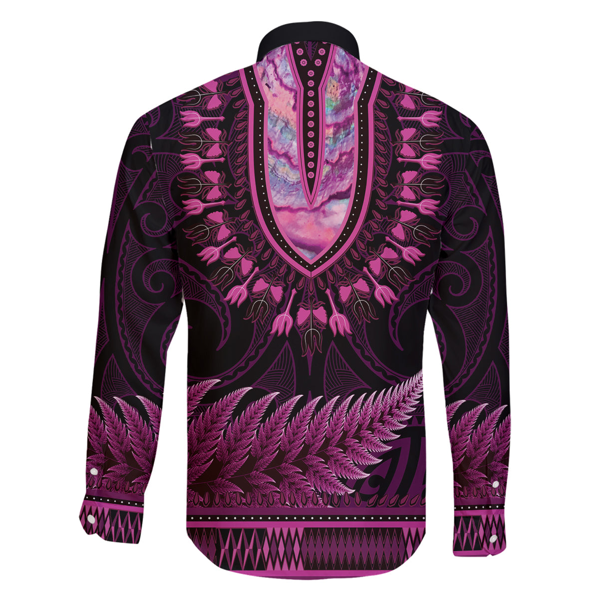 Pink African Dashiki With Aotearoa Maori Family Matching Off Shoulder Maxi Dress and Hawaiian Shirt Paua Shell Mix Silver Fern LT14 - Polynesian Pride