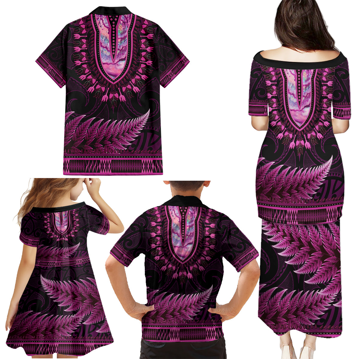 Pink African Dashiki With Aotearoa Maori Family Matching Puletasi and Hawaiian Shirt Paua Shell Mix Silver Fern