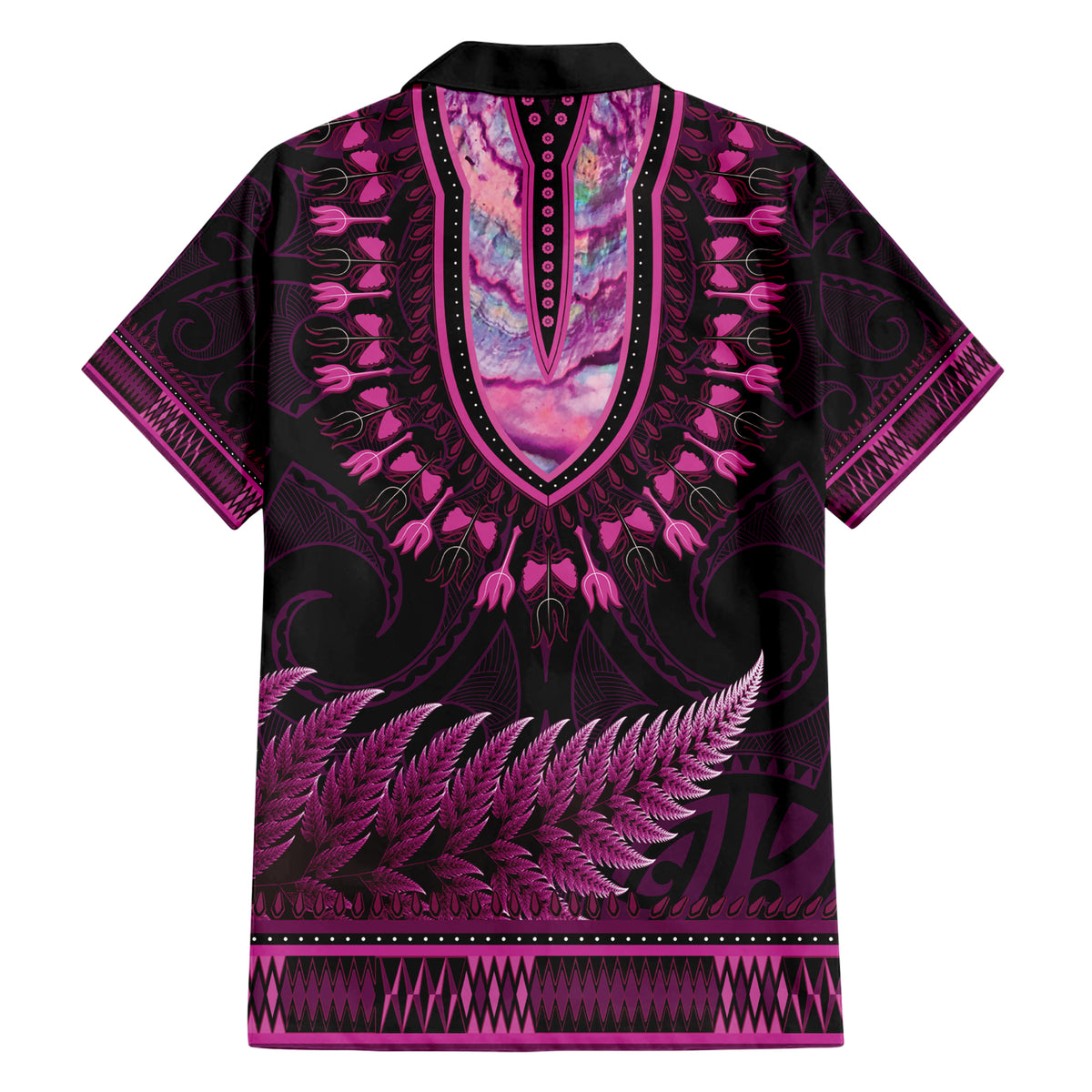 Pink African Dashiki With Aotearoa Maori Family Matching Short Sleeve Bodycon Dress and Hawaiian Shirt Paua Shell Mix Silver Fern