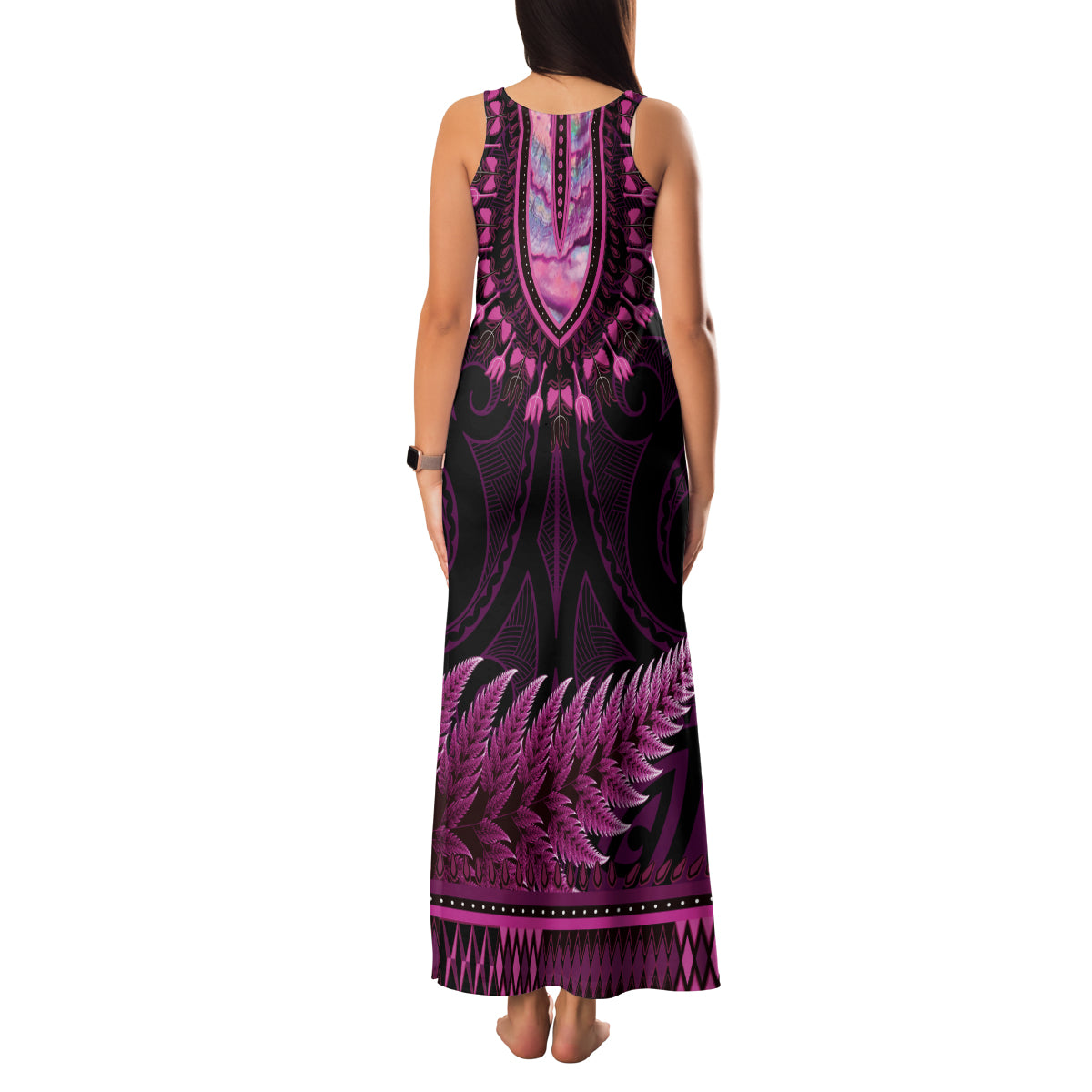 Pink African Dashiki With Aotearoa Maori Family Matching Tank Maxi Dress and Hawaiian Shirt Paua Shell Mix Silver Fern