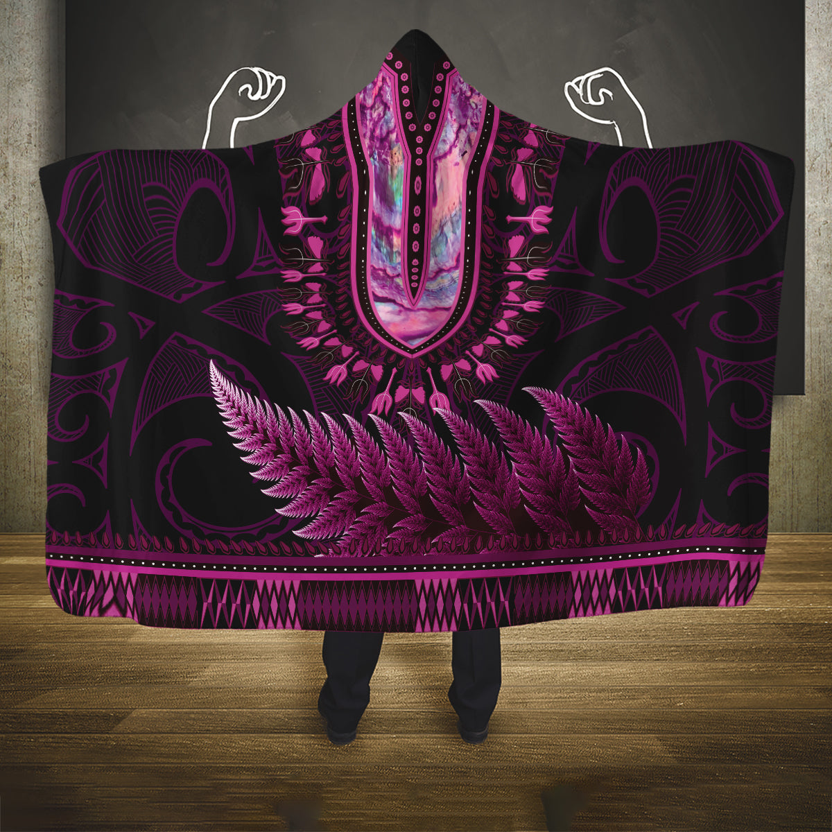 Pink African Dashiki With Aotearoa Maori Hooded Blanket Paua Shell Mix Silver Fern