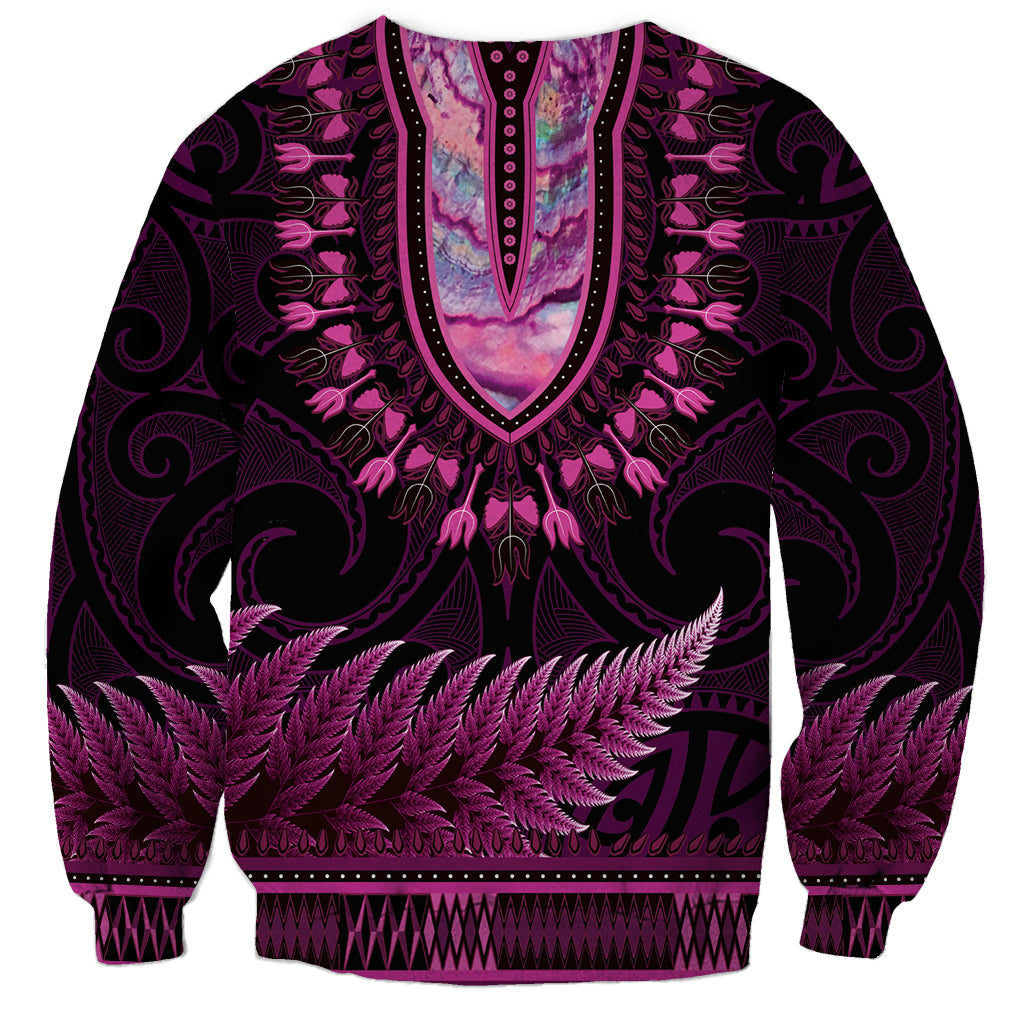 Pink African Dashiki With Aotearoa Maori Sweatshirt Paua Shell Mix Silver Fern