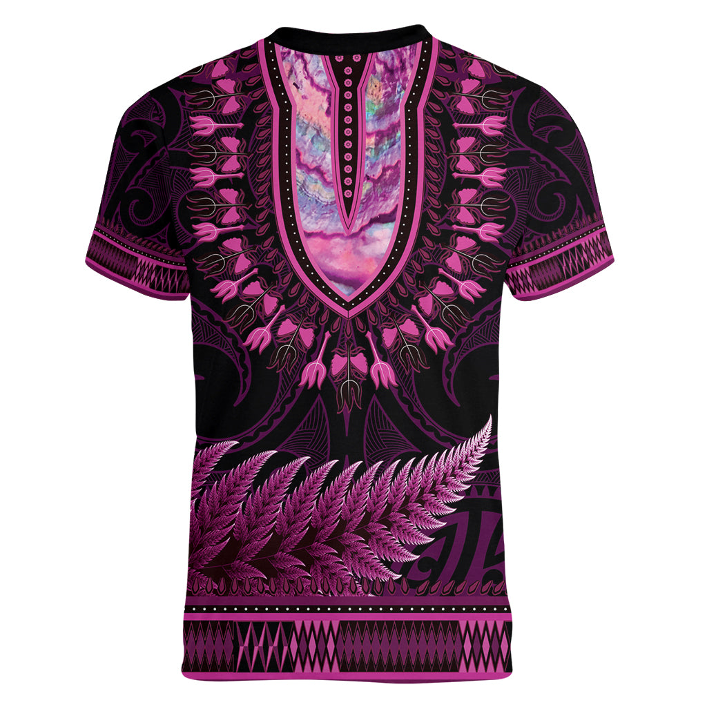 Pink African Dashiki With Aotearoa Maori Women V-Neck T-Shirt Paua Shell Mix Silver Fern