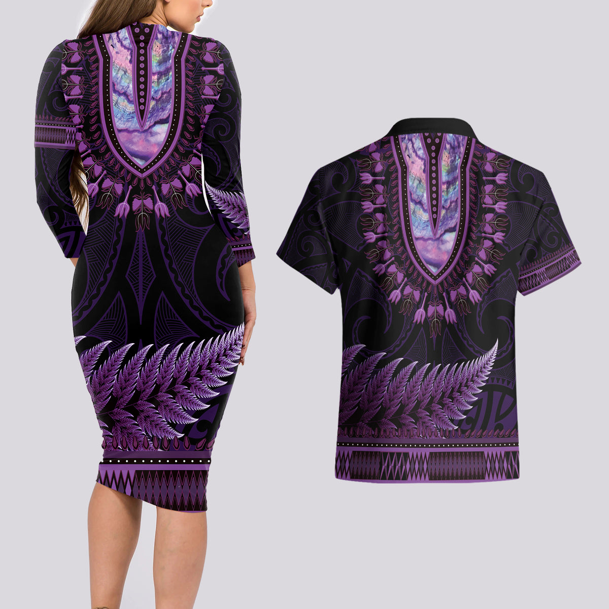 Purple African Dashiki With Aotearoa Maori Couples Matching Long Sleeve Bodycon Dress and Hawaiian Shirt Paua Shell Mix Silver Fern LT14 - Polynesian Pride