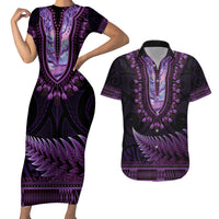 Purple African Dashiki With Aotearoa Maori Couples Matching Short Sleeve Bodycon Dress and Hawaiian Shirt Paua Shell Mix Silver Fern LT14 Purple - Polynesian Pride