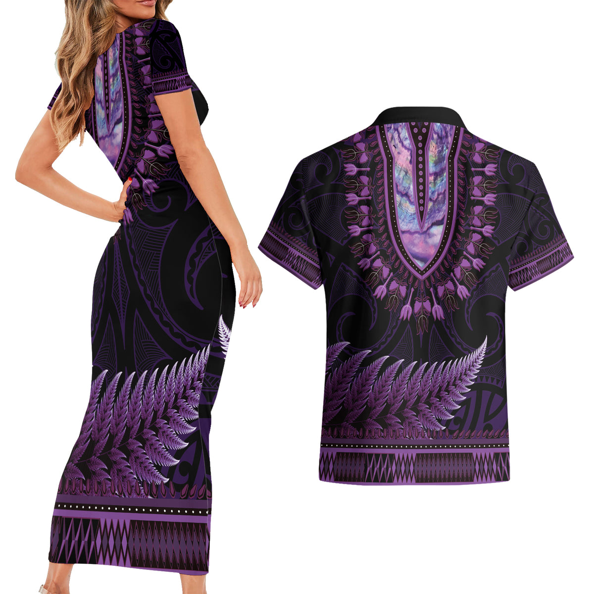 Purple African Dashiki With Aotearoa Maori Couples Matching Short Sleeve Bodycon Dress and Hawaiian Shirt Paua Shell Mix Silver Fern LT14 - Polynesian Pride