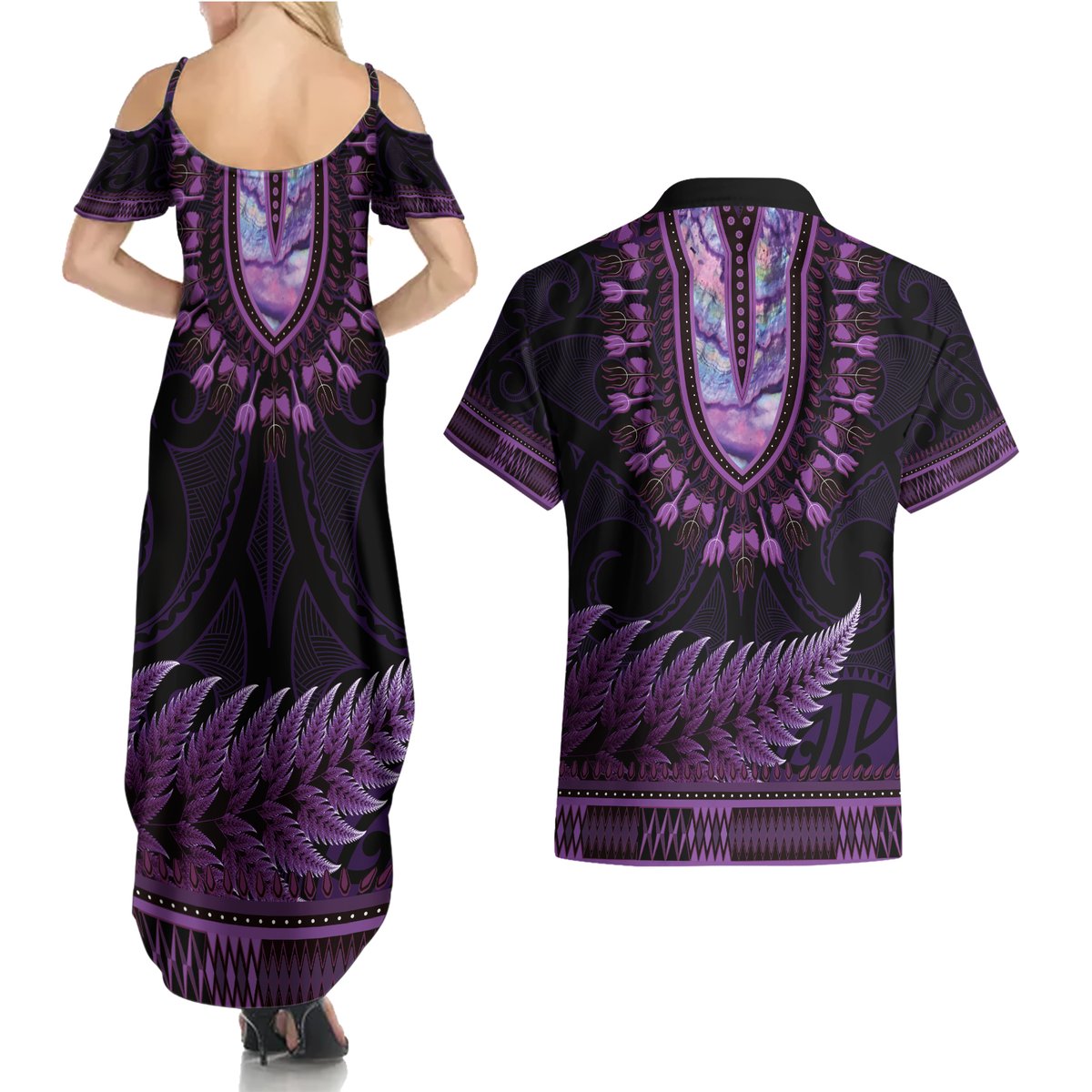 Purple African Dashiki With Aotearoa Maori Couples Matching Summer Maxi Dress and Hawaiian Shirt Paua Shell Mix Silver Fern