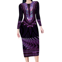 Purple African Dashiki With Aotearoa Maori Family Matching Long Sleeve Bodycon Dress and Hawaiian Shirt Paua Shell Mix Silver Fern