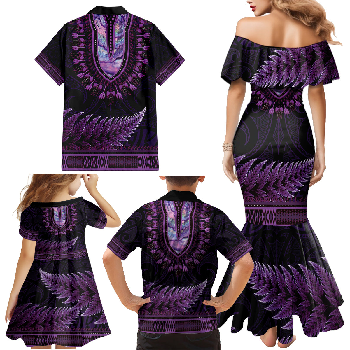 Purple African Dashiki With Aotearoa Maori Family Matching Mermaid Dress and Hawaiian Shirt Paua Shell Mix Silver Fern