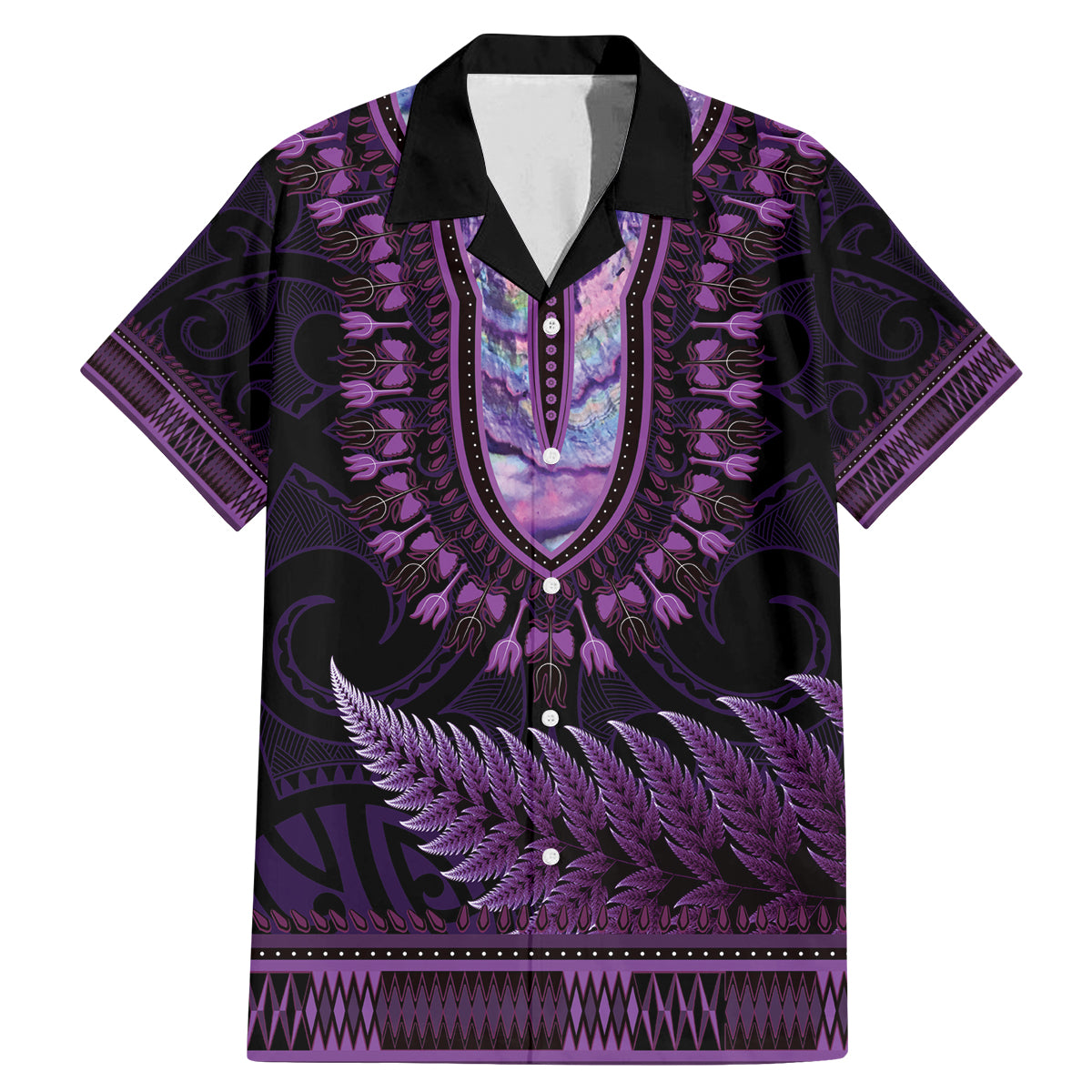 Purple African Dashiki With Aotearoa Maori Family Matching Mermaid Dress and Hawaiian Shirt Paua Shell Mix Silver Fern