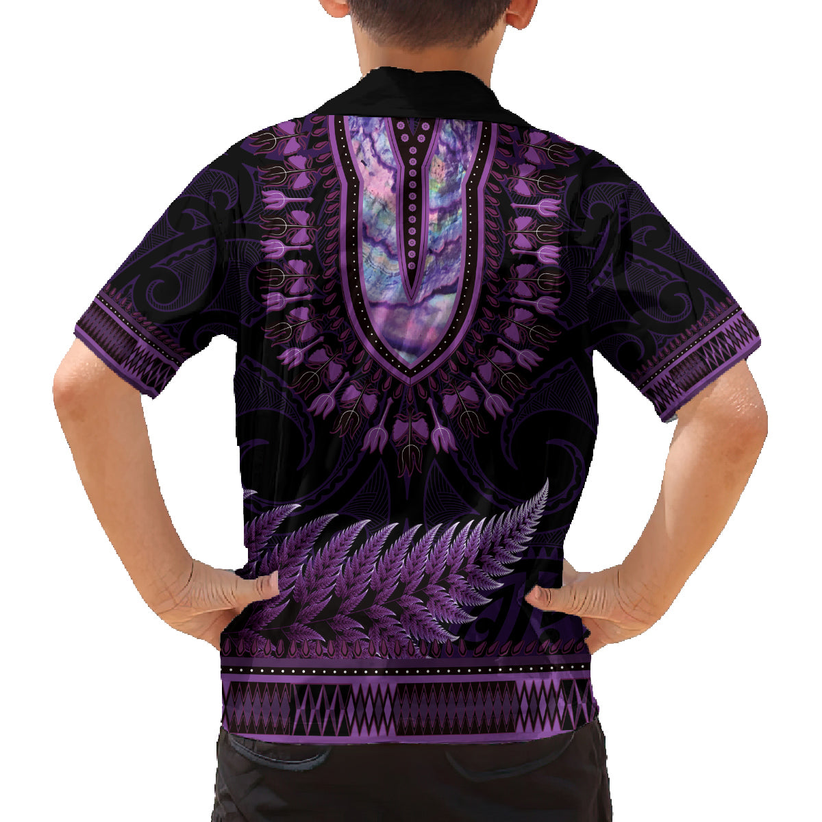 Purple African Dashiki With Aotearoa Maori Family Matching Off Shoulder Maxi Dress and Hawaiian Shirt Paua Shell Mix Silver Fern LT14 - Polynesian Pride