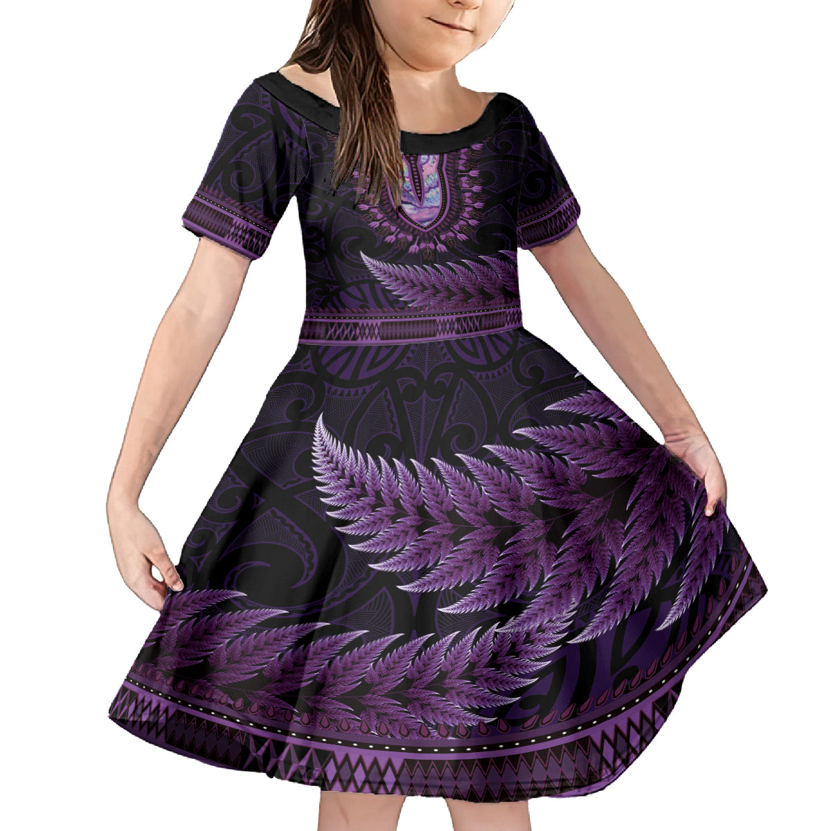 Purple African Dashiki With Aotearoa Maori Family Matching Off Shoulder Maxi Dress and Hawaiian Shirt Paua Shell Mix Silver Fern LT14 Daughter's Dress Purple - Polynesian Pride