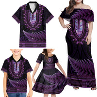 Purple African Dashiki With Aotearoa Maori Family Matching Off Shoulder Maxi Dress and Hawaiian Shirt Paua Shell Mix Silver Fern LT14 - Polynesian Pride